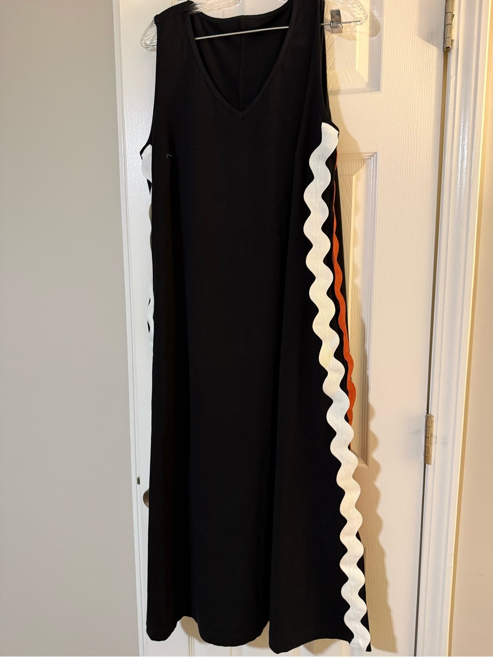 Sleeveless Black A-Line Dress with White & Orange Wave Trim